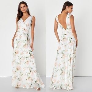 Lulus Dress Womens Size S Ivory Floral Maxi Plunging V-Neck Sleeveless